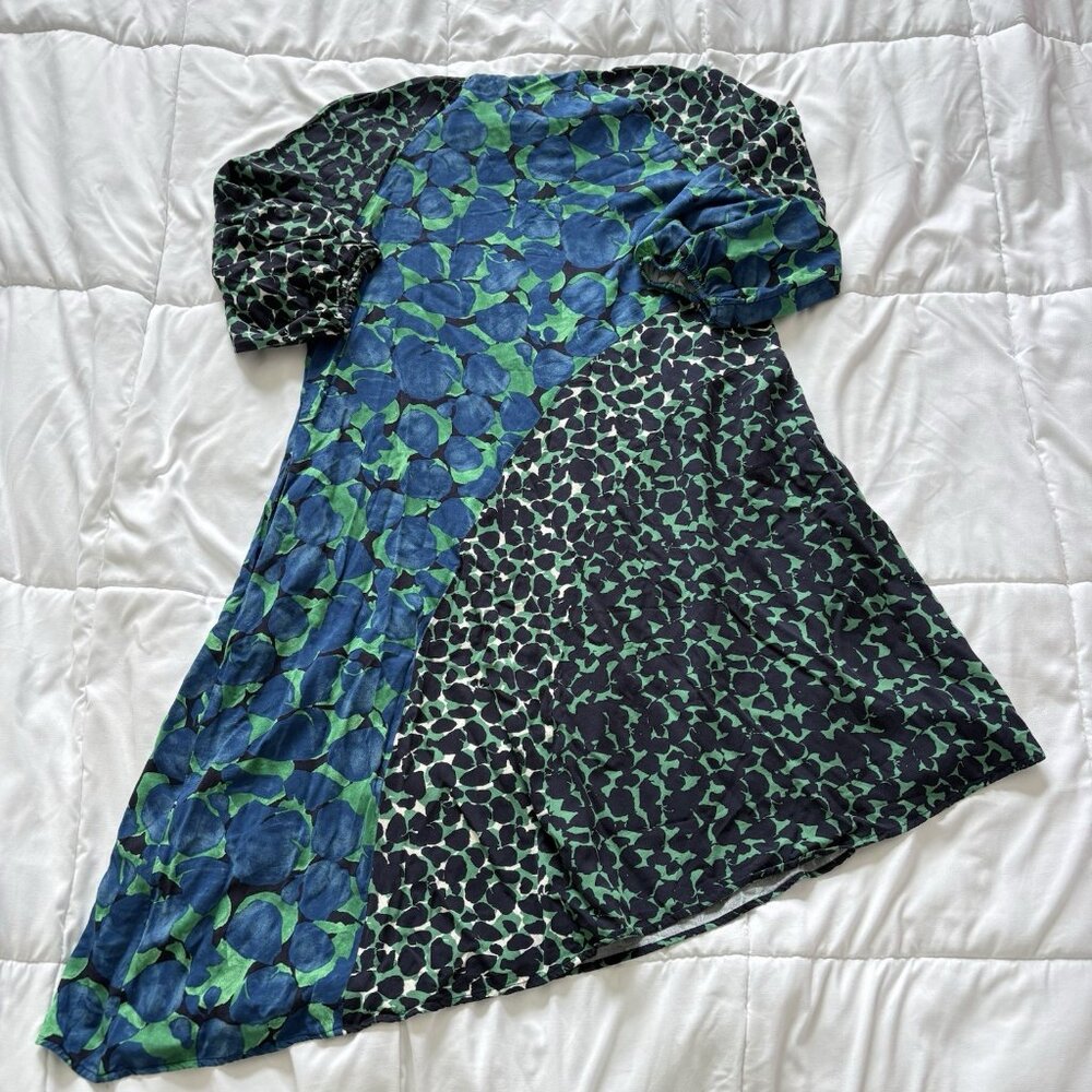 Chico's Midi Dress Womens Medium Geometric Green Black Spotted 3/4 Sleeve Silk - Picture 7 of 8